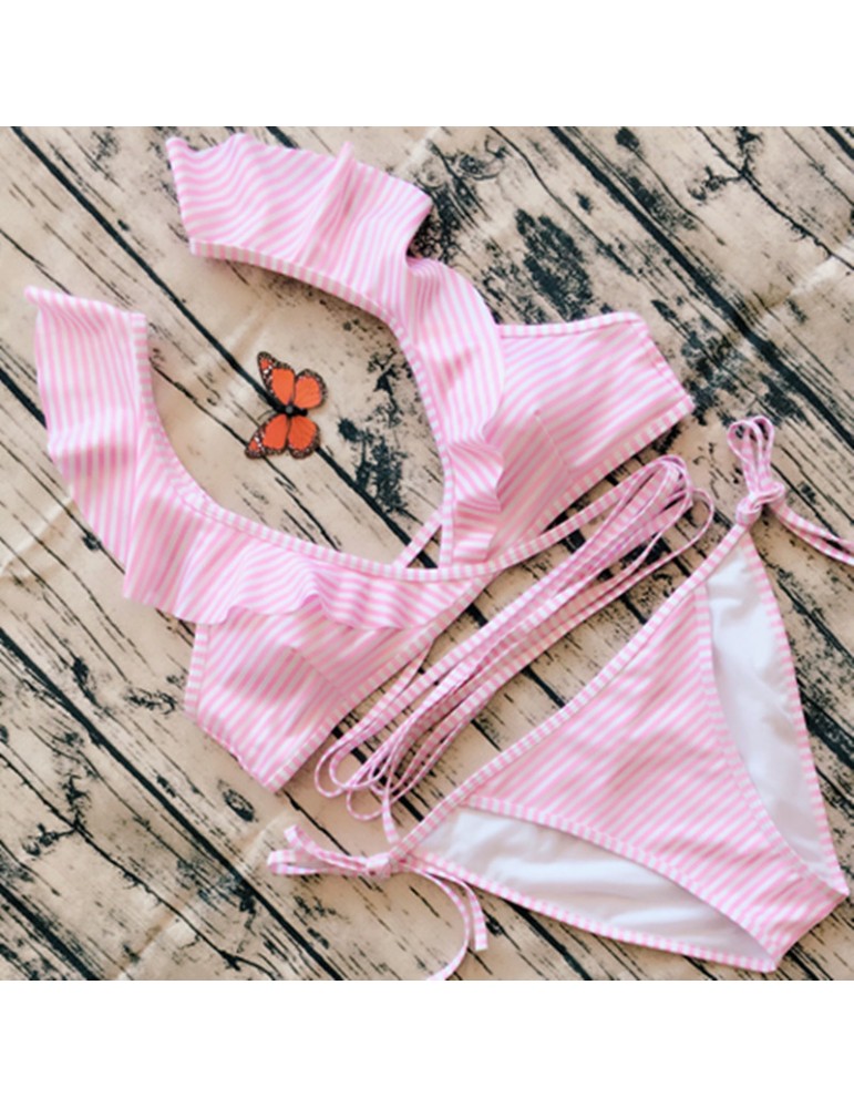 Banzai gangpad Eik Pink-Striped Frilled Bikini Set