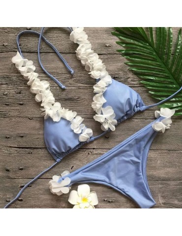 Ribbed Flowered String Bikini Set