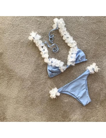 Ribbed Flowered String Bikini Set