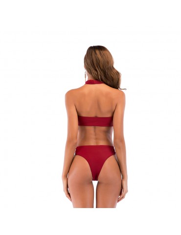 Red Bandeau With Mesh Bikini Set